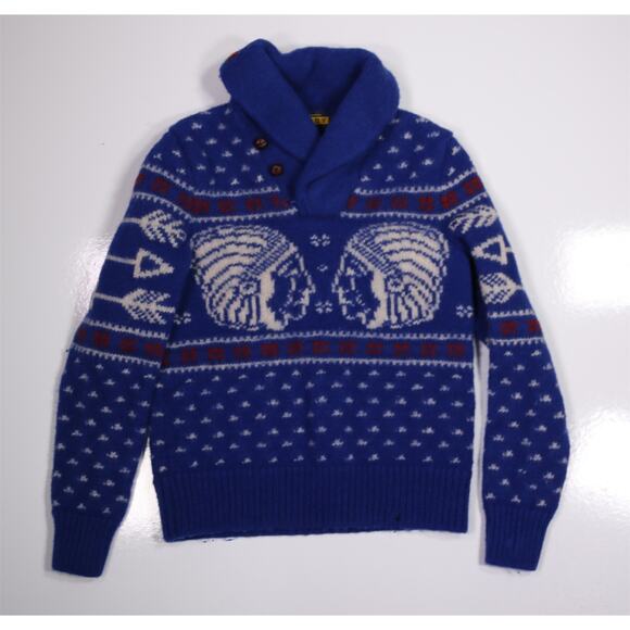 Ralph Lauren Rugby Blue Indian Head Shawl Wool Heavy Thick Sweater XS - Picture 1 of 8